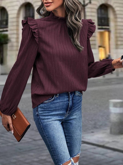 Mock Neck Ruffle Shoulder Blouse