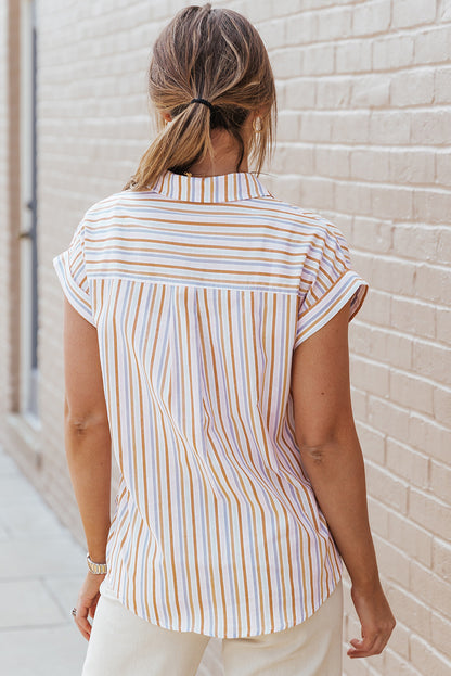 Pocketed Striped Collared Neck Short Sleeve Shirt