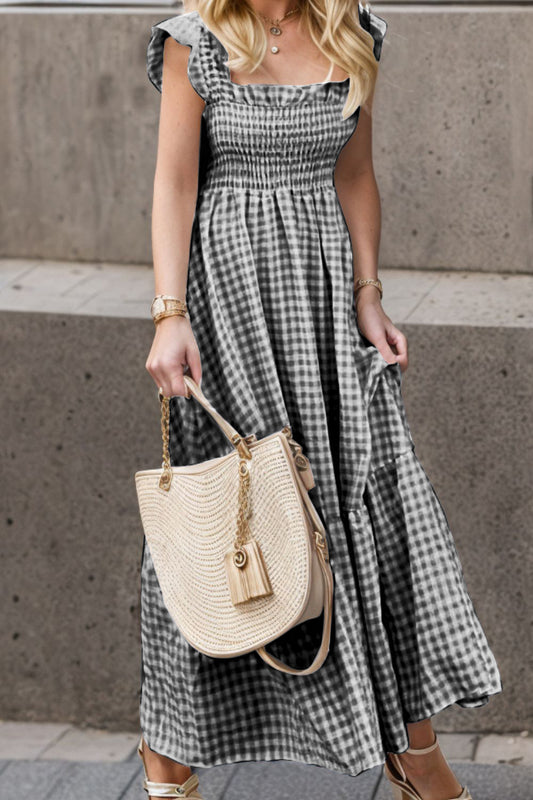 Smocked Ruffled Plaid Ruffle Hem Dress